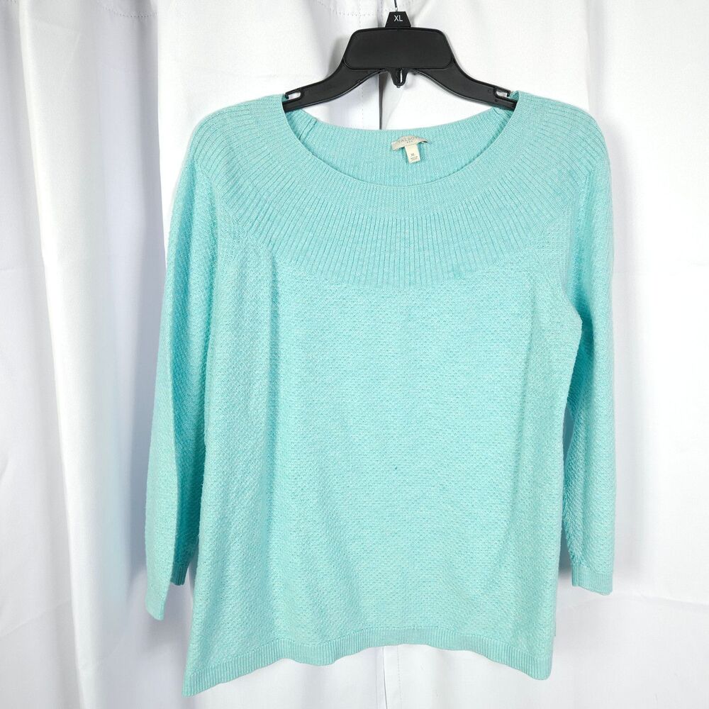 Talbots Women's XL Blue Teal Round Neck 3/4 Sleeve Sweater Cotton Blend